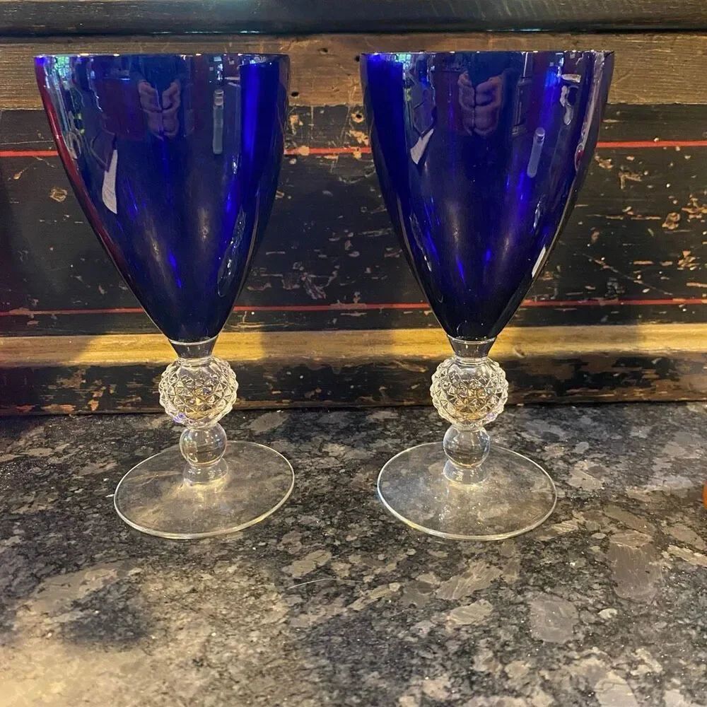 Golf Ball Cobalt Blue (Ritz Blue) Glass Goblet Morgantown Glass TWO